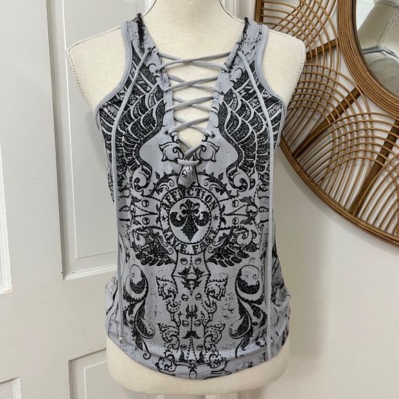 Affliction Tops - True Y2K Lace Up Affliction Tank Top L Grunge Emo Goth Biker Indie Mesh